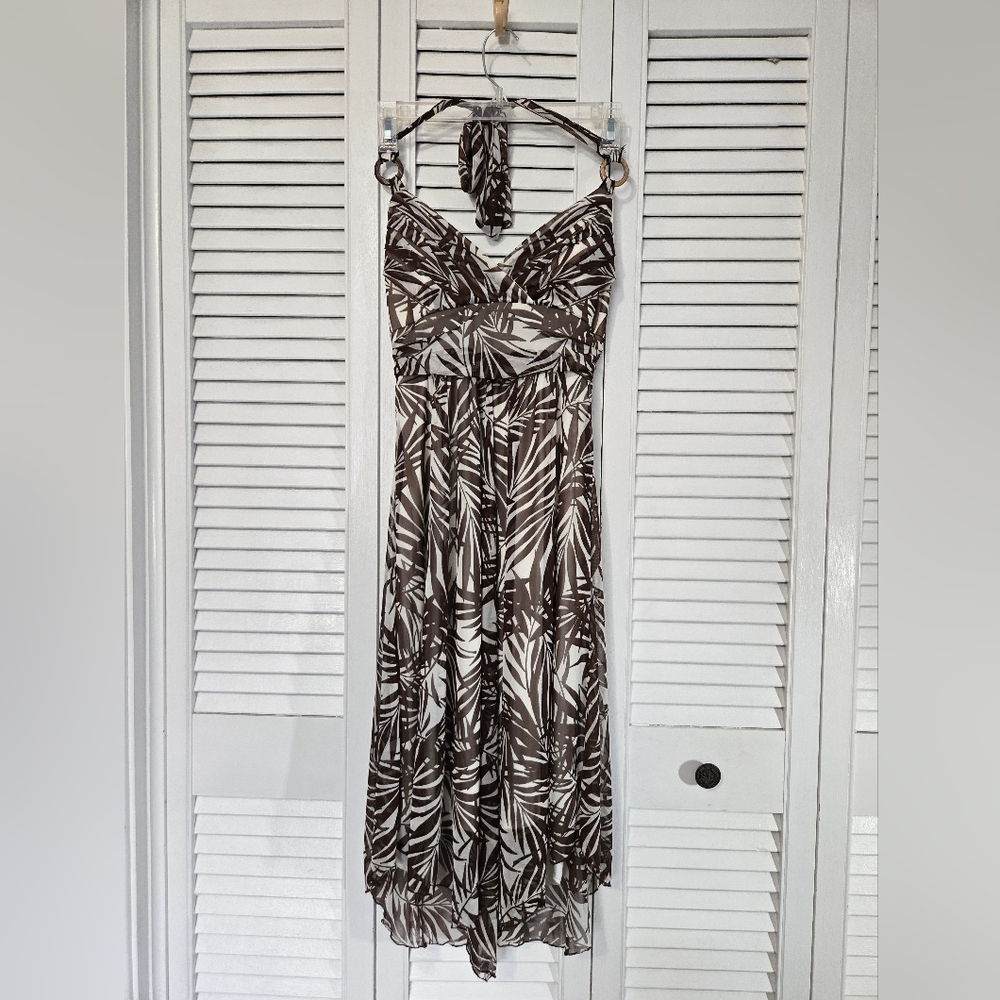 NWOT Elegant Brown Leaf Print Dress
